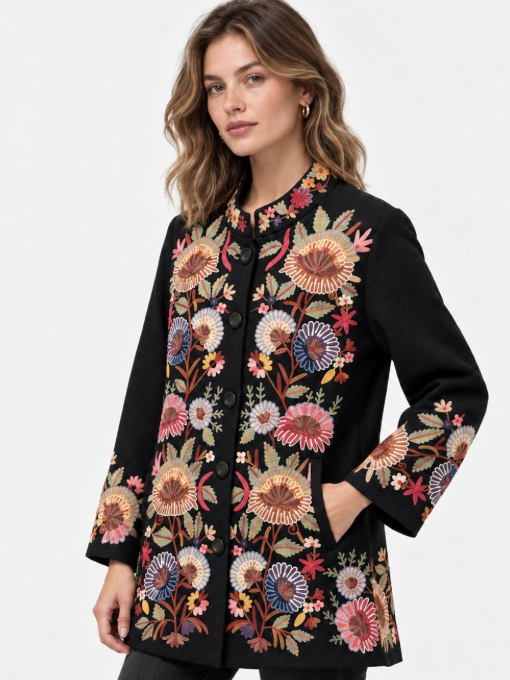 Norm Thompson Wool Floral Embroidered Long Jacket Coat Black M